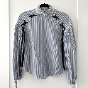 Zara Ruffle Neck Striped Blue White Cotton Top Size S